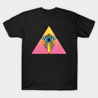 Illuminati Pyramid UFO Eye Art Deco Geometric Pink Yellow Sky Space T-Shirt